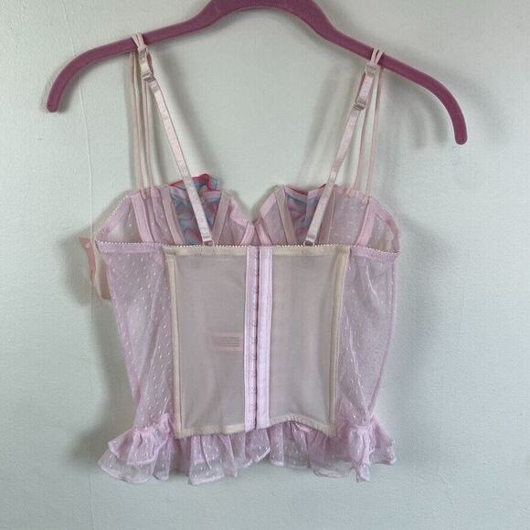 Y2K Rainbow Bustier Corset Tank Top M Pink Mesh Lace Ruffle Boned Kawaii Cute - Picture 2 of 10